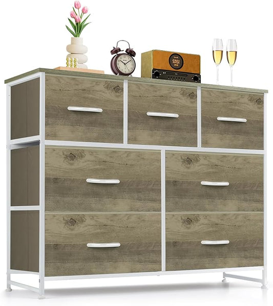 7-Drawer Dresser for Bedroom, Anti-Tip Wide Storage Organizer Fabric | Chest of Drawers TV Stand for 45" TV with Wooden Top and Metal Frame for Closet, Living Room, Hallway, Entryway, Greige Oak