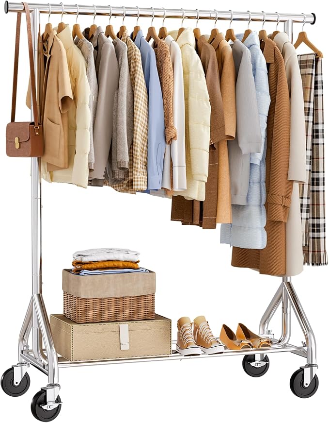 HYSEYY Clothes Rack, Rolling Clothing Rack for Hanging Clothes Load 380 LBS Portable Garment Rack with Sturdy Wheels, Metal Coat Rack Wardrobe Closet for Bedroom Laundry living Room, Silver