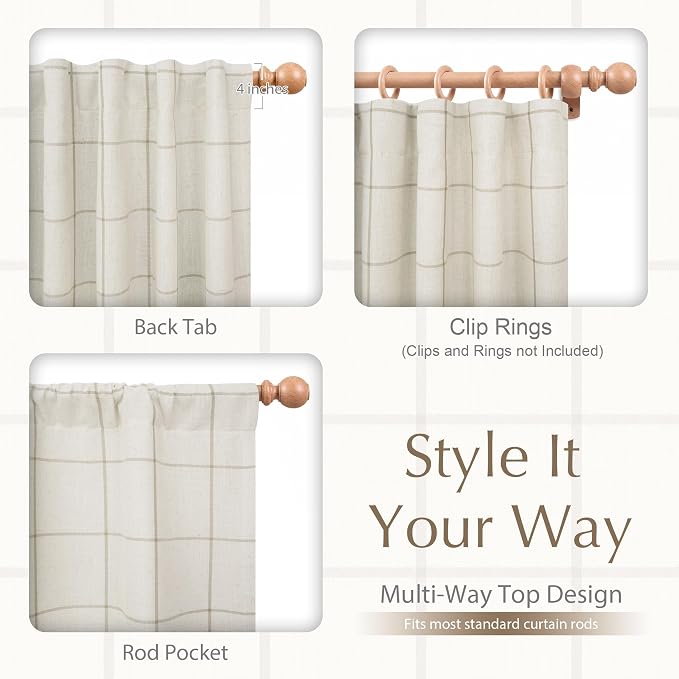 DriftAway 100% Blackout Plaid Linen Curtains 90 Inches Long 2 Panels Taupe | 100% Blackout, Linen Texture, Plaid Pattern, Two Layers, Rod Pocket & Back Tab, Bedroom Living Room Use, Luxury Appearance