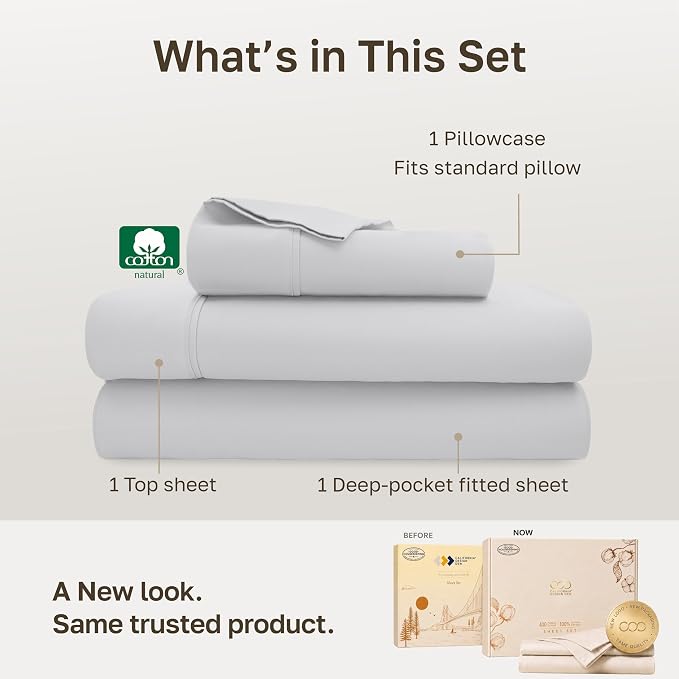 California Design Den 100% Cotton Sateen Twin Sheets Set, 3 Pcs Set, Silver | 400 Thread Count Backed by Good Housekeeping Seal, All-Around Elastic, Durable, Easy Care, OEKO-TEX certified