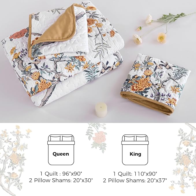 WONGS BEDDING Floral Quilt Set Queen, 3 Pcs Brown Orange Bedspread Coverlet | Spring Summer Floral Farmhouse Bedspread with 2 Shams,Soft Microfiber Lightweight Coverlet for All Season 96"×90"