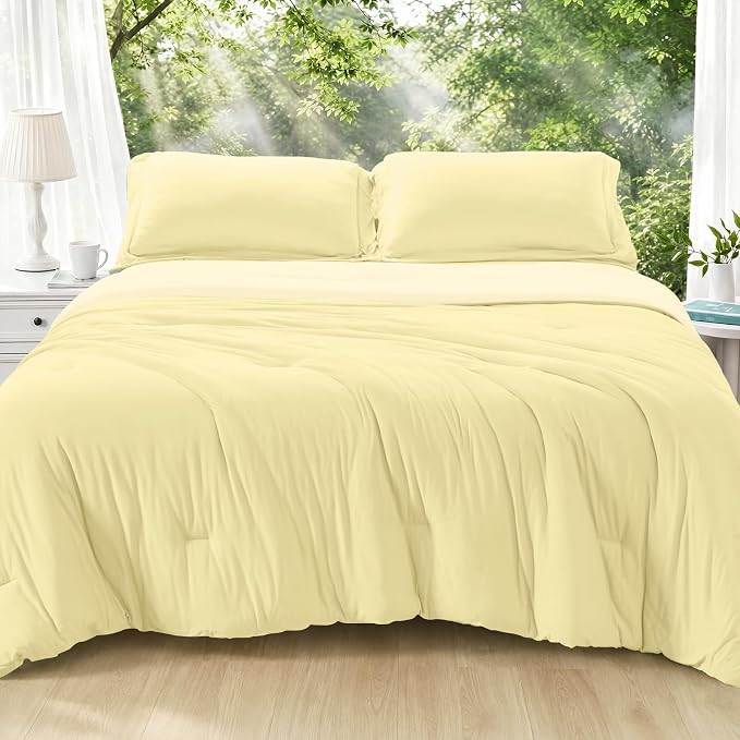 Cooling Queen Comforter Set, Lightweight Summer Comforter for Hot Sleeper, Reversible Bedding with ICY Cooling Surface, Includes 1 Comforter (90"x90") and 2 Shams (20"x 26"), Cream Yellow