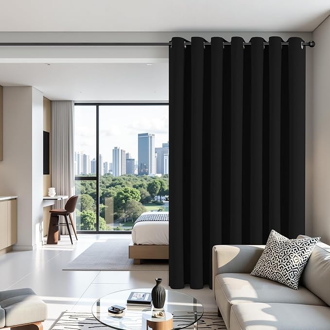 Joydeco Blackout Patio Sliding Door Curtains, Privacy Room Divider Curtains | Extra Wide Thermal Blackout Curtains for Bedroom Living Room, Curtain for Patio Door (Black, 100Wx84L, 1 Panel)