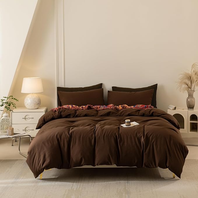 BDEAR 3Pcs Cocoa Brown Pinstriped Duvet Cover Set Queen Size 90''Wx90''L | Light Weight Design, 1 Duvet Cover with 2 Pillowcases, Zipper Closure, OEKO TEX Standard,8 Corner Ties, Skin Friendly
