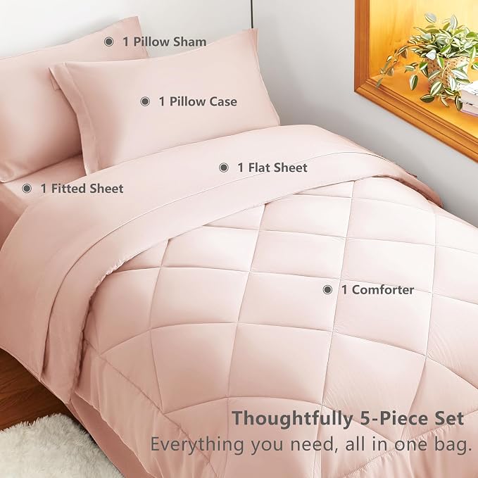 Twin XL Comforter Set Blush Pink - 5 Pieces Complete Bedding Set | College Dorm Essentials, OEKO-TEX Certified, All Season, 240GSM Down-Alternative Comforter, Sheets, Pillowcase & Sham