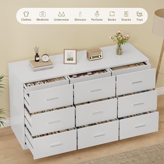 Dresser for Bedroom with 9 Drawers, 14.2"D X 59.1"W X 29.5"H, White | Modern Chest of Drawers with Hidden Drawer,Wood Storage Dresser, Storage Organizer for Living Room, Closet, Hallway