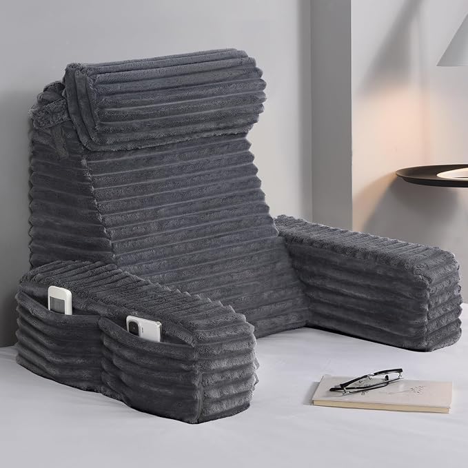 ENITYA 19" Large Back Pillow for Bed Sitting Up with Armrests & Big Pockets | Reading Pillow for Bed, Soft Back Support Chair, Ideal for Watching TV, Gaming, Nursing, Resting, Post Surgery, Dark Grey