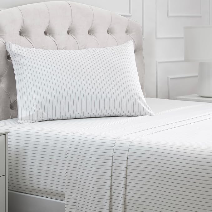 Mellanni Iconic 3-Piece, Ultra Soft Sheet Set (Twin XL, Pinstripe Gray) | 10M+ Sleepers. Lab-tested: Sleeps Cool, Stays Bright, Strong, Smooth. Good Housekeeping Best Bedding, 7 yrs running.