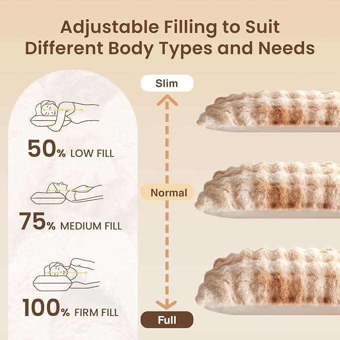 ZonLi Fluffy Body Pillow for Adults, Fuzzy Faux Fur Long Pillow with Shredded Memory Foam, Adjustable Support for Side Sleepers, Gifts, 20 x 54 Inch, Light Tan