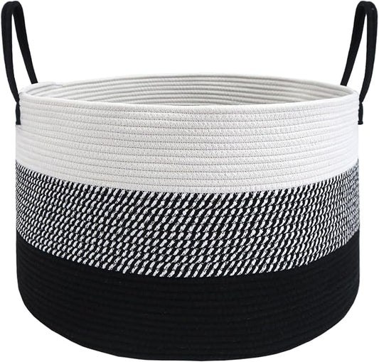 JMvicyroam 115L Extra Large Machine Washable Cotton Rope Blanket Basket | Collapsible laundry hamper, Reinforced handles, For blankets,pillows,toys and clothes, Living room and bedroom,White&BlackMix