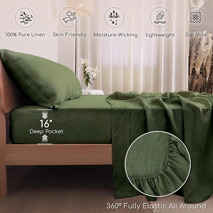 100% Linen Sheets Set King Size, Natural Pure Flax 4 Piece Bed Sets, 16" Deep Pocket, Breathable Cooling Bed Soft Durable Bedding, Machine Washable (Mossy Green,King)