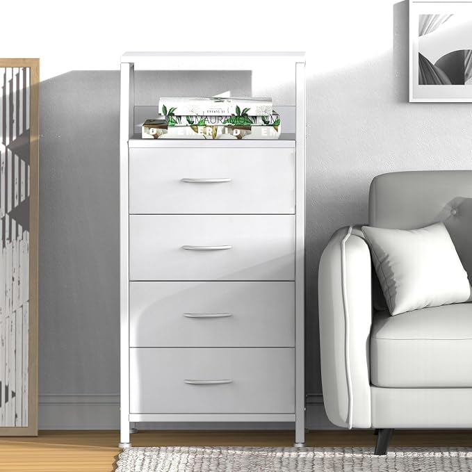 4 Drawers Small Fabric Dresser for Bedroom, Tall Dorm Nightstand | Vertical Storage Tower Closet Organizer, Skinny Narrow Bedside Table for Entryway, Steel Frame, Wooden Top