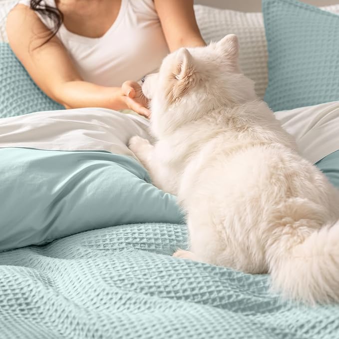 PHF Waffle Duvet Cover Queen, Ultra Soft & Breathable, 90"x90", Aqua | 300GSM Fabrie，No Snagging Textured Honeycomb Comforter Cover for All Season 3pcs, Durable Bedding Duvet Set, Home Decor Gift