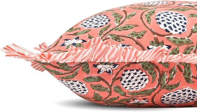 Ridhi Block Print Dark Salmon Pink Ruffle Lumbar Pillow Shams, 20" x 12" | 100% cotton, Floral Pillowcase, Cushion Cover, Hidden Zipper, Cottagecore Bedding, farmhouse boho style, fits couch, sofa,Bed