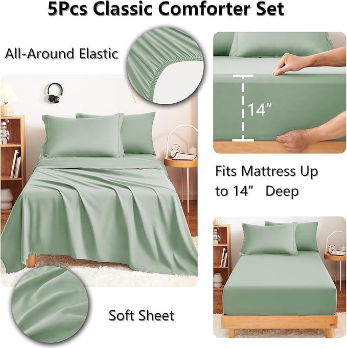 Twin Comforter Set with Sheets Sage Green - 5 Pieces Bed in a Bag | OEKO-TEX Certified, All Season, Teen, Single, Dorm, 240GSM Down-Alternative Comforter, Sheets, Pillowcase & Sham, Easy Care