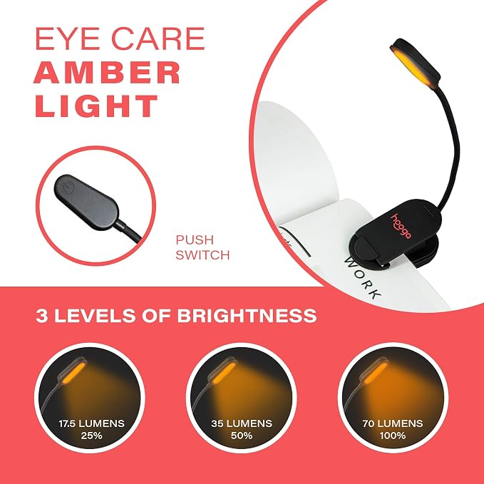 hooga Amber Book Light, Rechargeable Clip-On Blue Light Blocking LED Reading Light, 1600K Warm Eye Care for Bed, Students, Kids, Travel, Nursing, Studying