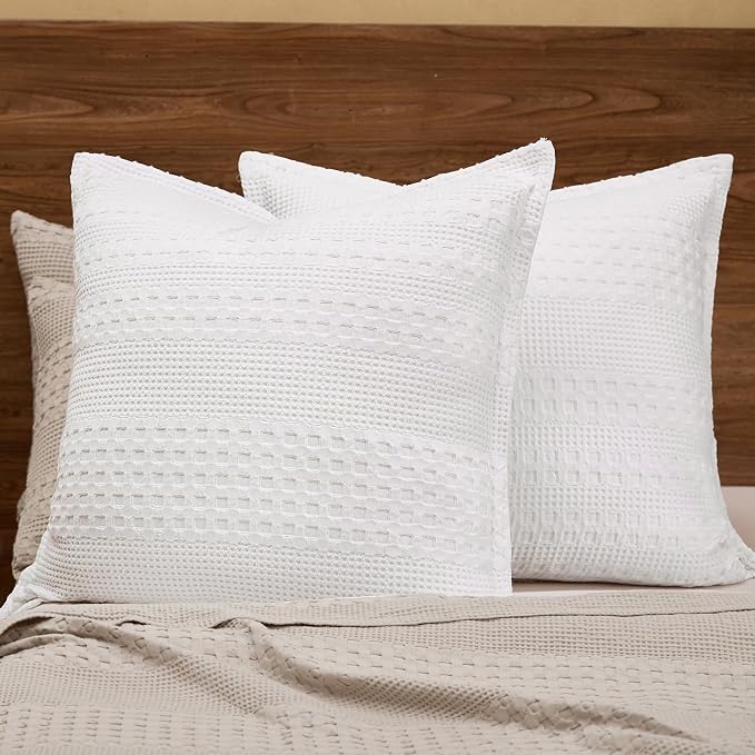 PHF 100% Cotton Ruffle Waffle Weave Euro Sham Covers, 2 Pack 26" x 26" Bed Pillow Covers for Elegant Home Decor, No Filling, Luxury Aesthetic Euro Pillow Cases for Bed, White