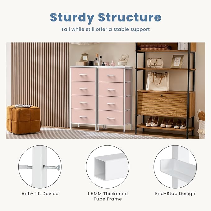 DUMOS Nightstand, Bedside Table with 4 Fabric Drawers | Night Stand with Sturdy Steel Frame Wood Top, Small Narrow Dresser Organizer Furniture, Bedroom Closet Living Room, Pink