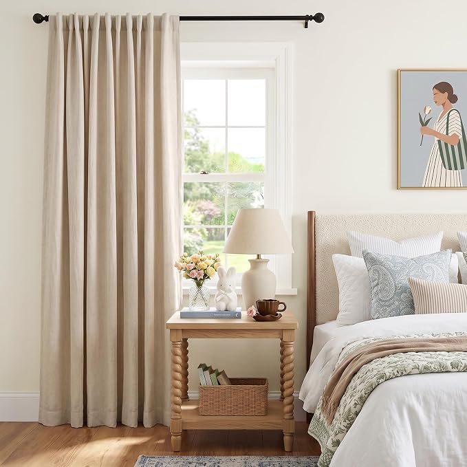 INOVADAY Extra Wide 100% Blackout Linen Curtains for Bedroom 102x84 Oatmeal | Linen Textured, Light Blocking, Room Darkening, Thermal Insulated, Back Tab Top, Window Curtains for Sliding Door, 1 Panel