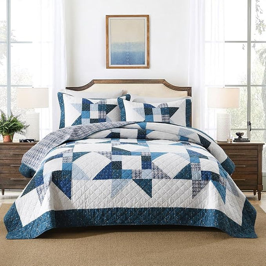 Cotton Quilt Bedding Sets 3 Pieces Soft Reversible Coverlets Luxury Star Real Patchwork Bedspread, Blue White, Queen Size | Real patchwork