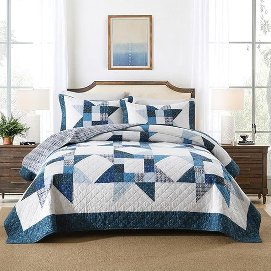 Cotton Quilt Bedding Sets 3 Pieces Soft Reversible Coverlets Luxury Star Real Patchwork Bedspread, Blue White, King Size | Real patchwork