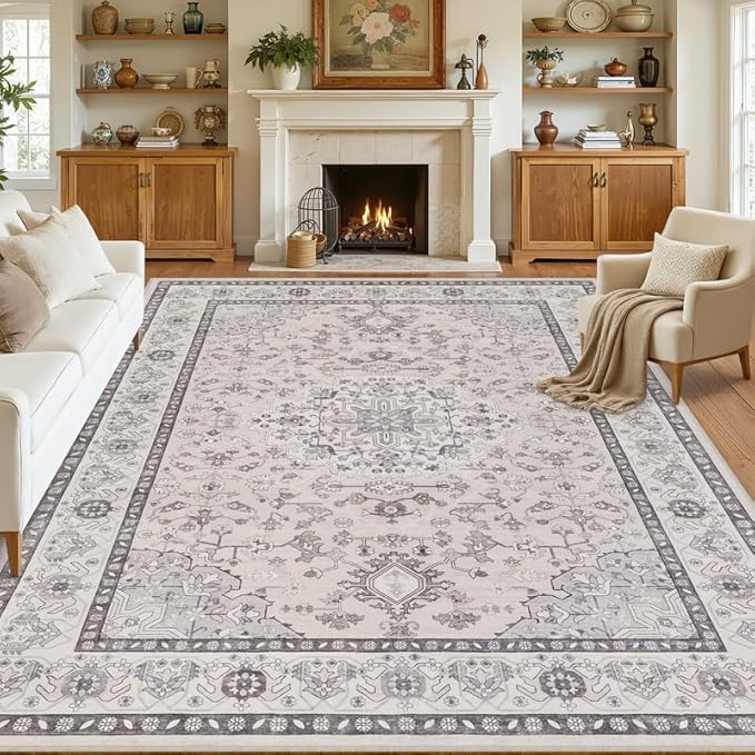 10x14 Area Rugs Living Room: Bedroom Washable Carpet Beige & Grey | Large Vintage Boho Indoor Decor Neutral Soft Nursery Farmhouse Dining Room Office Floor Non-Slip Low Pile Under Table Rug