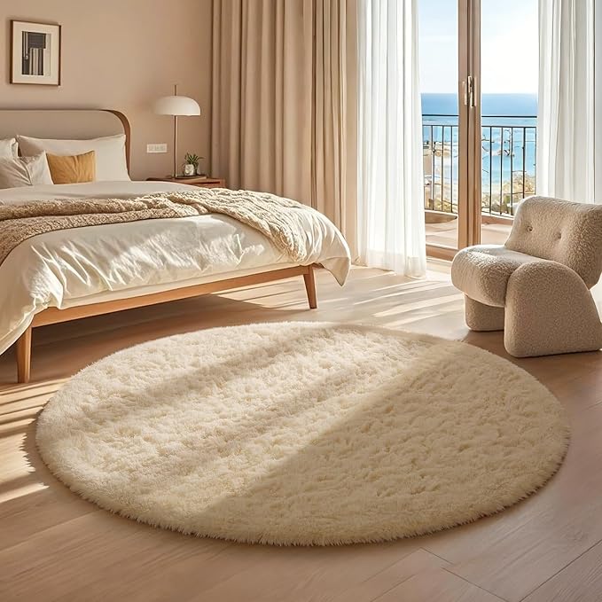 Ophanie Round Rug 4Ft Beige Circle Area Rug, Fluffy Fuzzy Small Bedroom Carpet, Plush Soft Shaggy Floor Living Room Circular Decor for Kids Boys Girls Home Aesthetic, Nursery with 99 pcs Pile fibers