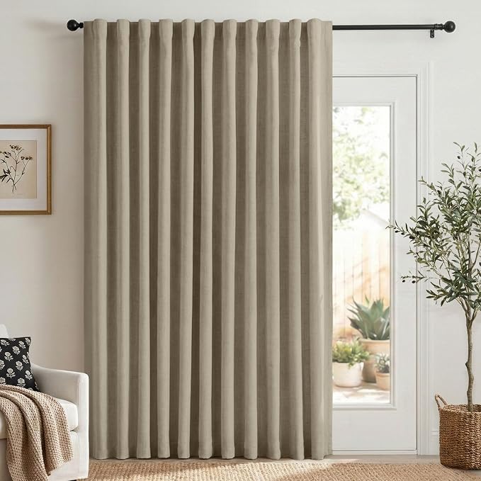 Faux Linen Total Blackout Sliding Door Curtains 84 Inches Long, Plaza Taupe | 100% Blackout Shield Back Tab/Rod Pocket Sliding Door Curtains, Thermal Insulated Curtains 1 Panel Set, 100"W x 84"L