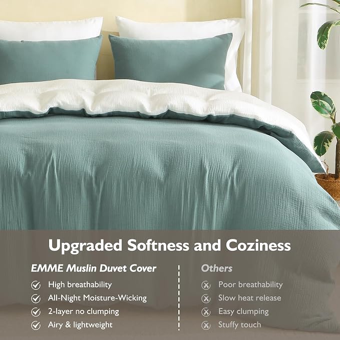 EMME Cotton Muslin Duvet Cover Set Queen Size Linen Like Soft Breathable Lightweight Summer Comforter Cover Set with Zipper Closure (Teal&White, Queen, 90"x90")