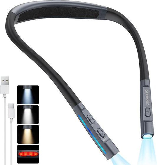 TROND LED Neck Reading Light, Bendable Neck Light for Reading, USB-C, Black | 3 Color 3 Brightness Book Light for Reading, Flexible Arm with Outdoor Warning Lamp, Eye-Caring for Crochet,Book Lovers Gifts