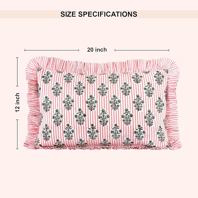Ridhi Block Print Salmon Blossom Ruffle Lumbar Pillow Shams, 20" x 12" | 100% cotton, Floral Pillowcase, Cushion Cover, Hidden Zipper, Cottagecore Bedding, farmhouse boho style, fits couch, sofa,Bed