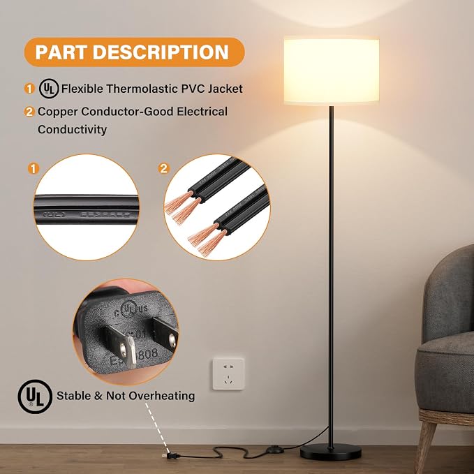 Modern Floor Lamp Simple Design with White Shade & Foot Pedal Switch | 60" Black Floor Lamp(Without Bulb), Tall Lamps for Living Room Bedroom Office Dining Room Kitchen