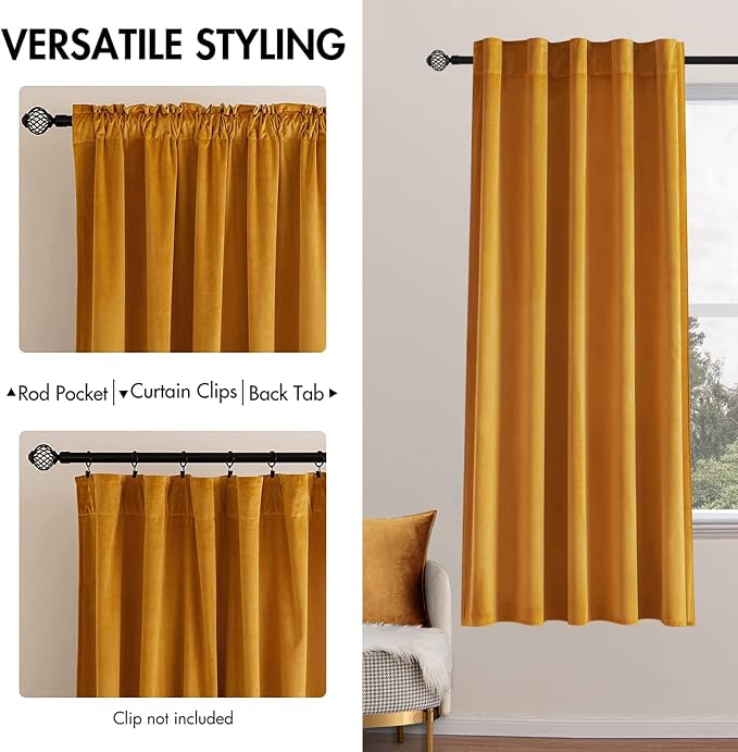 MIULEE Velvet Blackout Curtains 52x63 inches 2 Panels Mustard Yellow | Luxury, Bedroom Living Room, Thermal Insulated, Fall Decor, Super Soft Window Drapes Rod Pocket & Back Tab