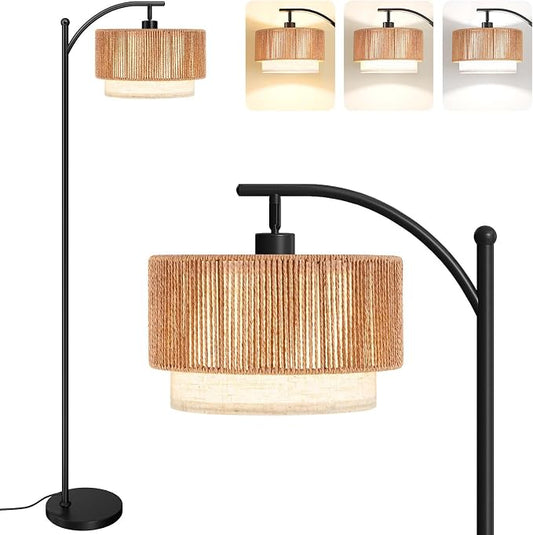 SUNMORY Arc Floor Lamps for Living Room, Rattan Standing lamp with 12W Bulb | Arched LED Lamp with 3 Color Temperatures, Farmhouse Floor Lamps with Adjustable Shades, Boho Floor Lamp for Bedroom, Corner