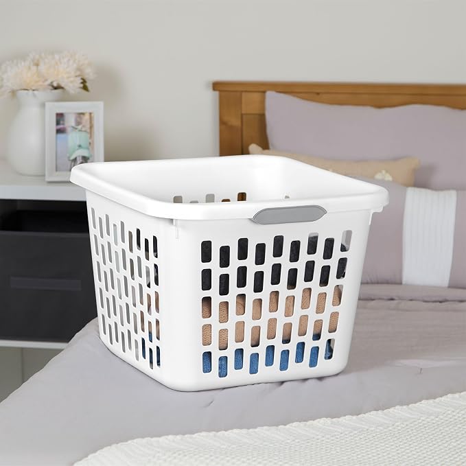Sterilite Square Laundry Basket, Plastic Clothes Hamper, 6-Pack | 1.5 Bushel Capacity, White, Dirty Clothing Storage, Ventilated Rectangular Holes & Large Comfort Grip Handles for Easy Carry