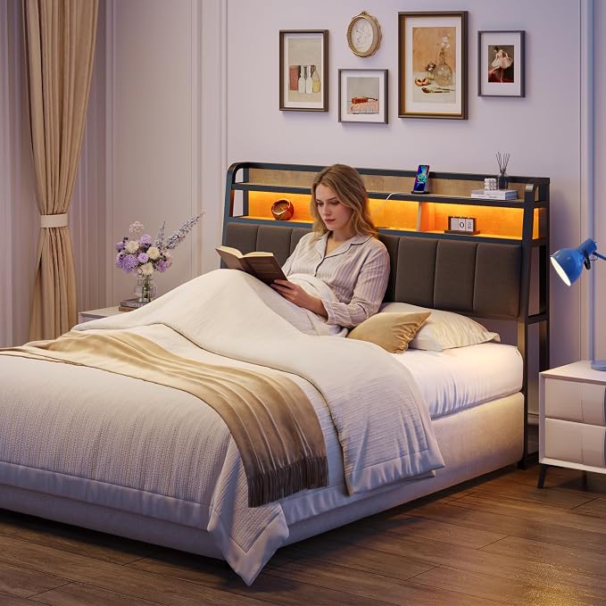 ComfyCorner Queen Size Headboard with Storage & LED Light, Black & Brown | Upholstered Ergonomic Head Board with Power Outlets & 2-Tier Storage, Queen Headboard Only, Bed Frame Mounting, Heavy Duty