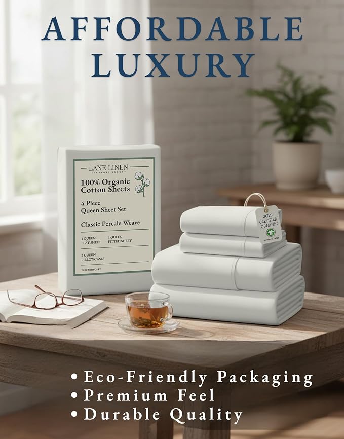 LANE LINEN Queen Sheet Set 100% Organic Cotton Cooling Soft - Glacier Grey | Organic Cotton Percale Queen Sheet Set - Naturally Cooling & Lightweight, Cool All Summer, Cozy All Winter, Great For Gifting