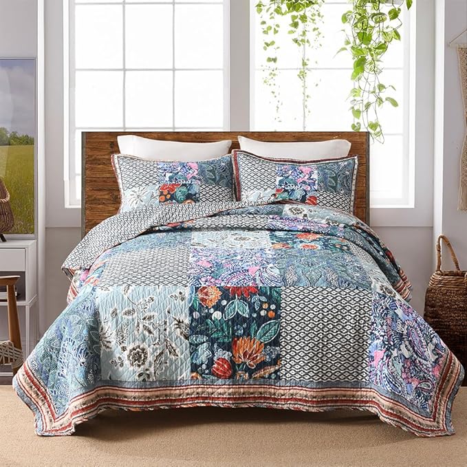 VISIMISI Cotton Bedspread Quilt Bedding Sets Reversible Coverlet Sets 3 Pieces Vintage Floral Blue Teal Patchwork Bedspread, Queen Size