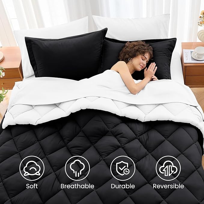 7 Pieces Oversized King Comforter Set, Reversible Bed in a Bag Oversized King Size, All Season Bedding Set with Comforter, Flat Sheet, Fitted Sheet, Pillowcases & Shams, Black & White