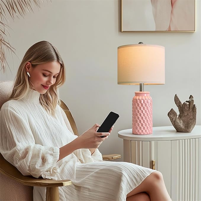 USumkky 20.5" Pink Table Lamps Set of 2,Modern Farmhouse Bedside Lamps - Ceramic Nightstand Lamps for Bedroom,Boho Living Room End Tables,Small Office Desk Lamp