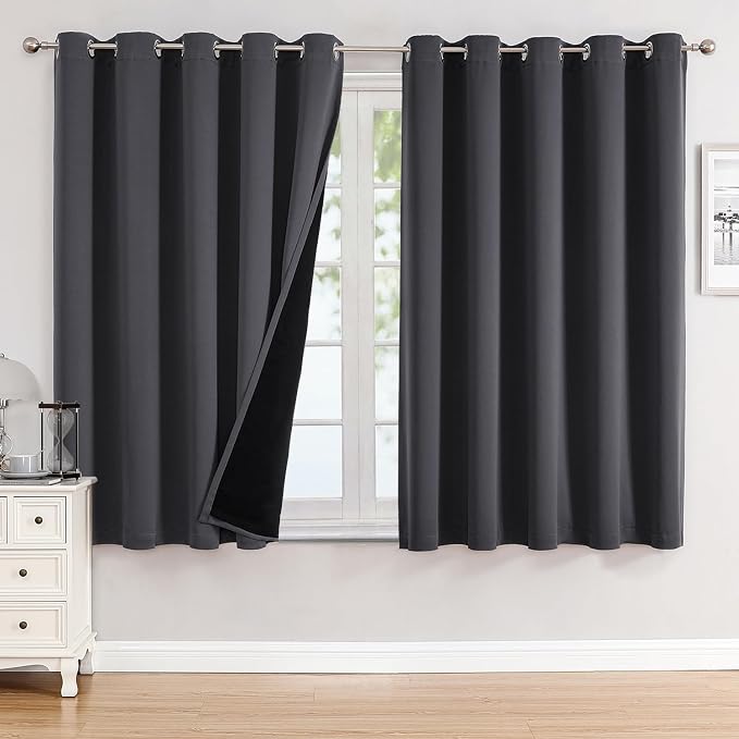 ChrisDowa 100% Blackout Curtains for Bedroom 63 Inches Long 2 Panels Set | 2 Thick Layers, Thermal Insulated, Light Blocking, Grommet, Window Treatment, Living Room Drapes, Dark Grey, 60 x 63 Inch
