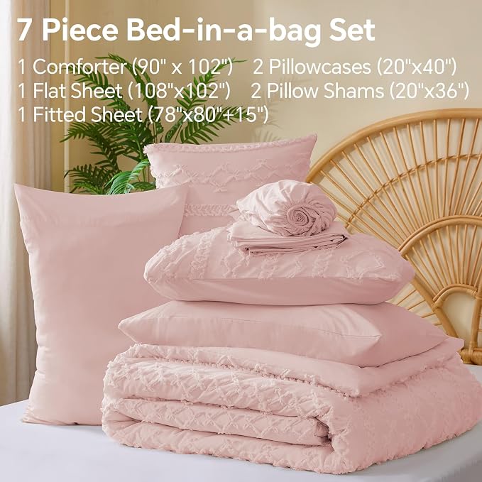 BEDELITE King Comforter Set 7 Pieces,Boho Bed in a Bag,Pink | Tufted Bed Set for All Seasons,Soft Farmhouse-Style Embroidery Bedding,Includes Flat & Fitted Sheets,2 Pillowcases & 2 Shams