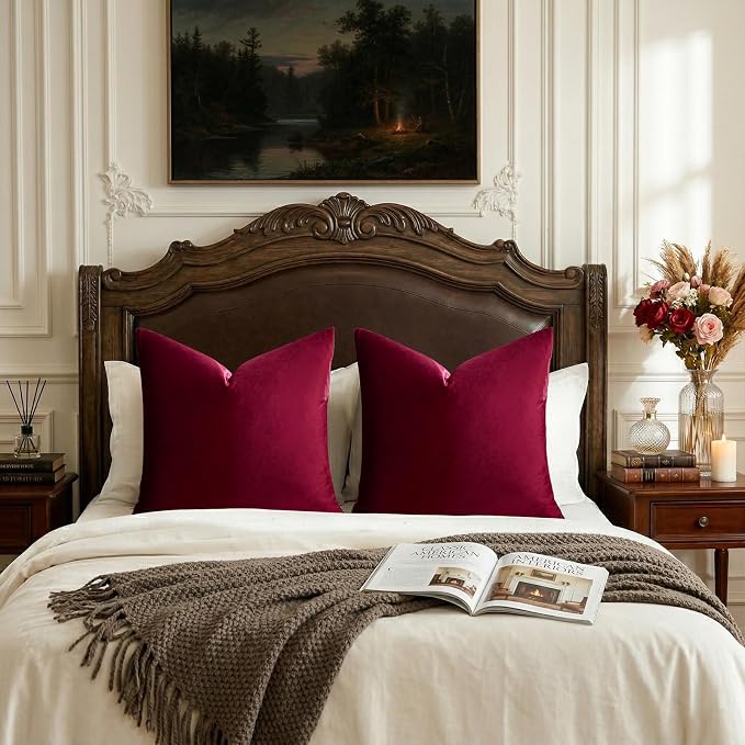 GIGIZAZA Burgundy Velvet Pillow Covers 24x24 Decorative Pillows Pack of 2 | Red Throw Pillows for Couch Sofa,280gsm Soft Textured Fabric,Modern Square Pillowcases,Luxury Cushion Covers