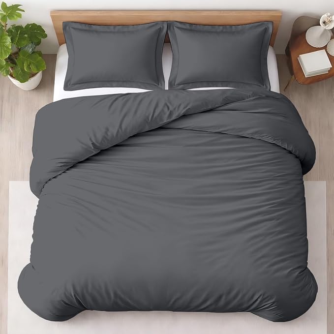 3 Pc Twin XL/Twin Duvet Cover Set-100% Egyptian Cotton 600 Thread Count Ultra Soft Premium Durable Comforter Cover Zipper Closure & Corner Ties- (Dark Grey, 68" X 90")