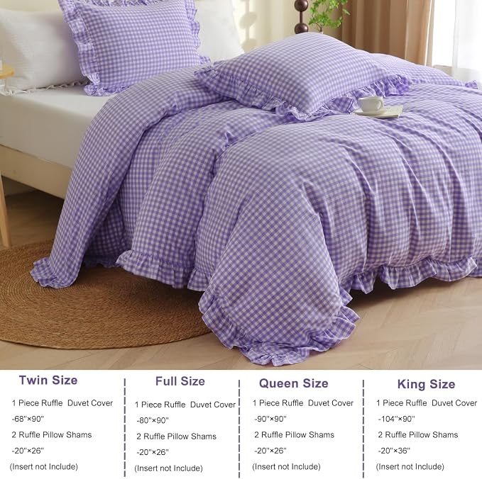 Silnuo Purple/White Gingham Ruffle 3-Piece Duvet Cover Set King Size | 100% Washed Cotton Shabby Checkered Plaid Bedding Set Farmhouse Comforter Set(King,Purple/White)