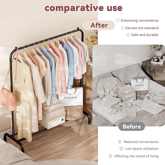 Clothing Clothes Rack with Storage Shelf, 45" L Standard Garment Rack for Hanging Clothes, Metal Portable Wardrobe Rack for Laundry Room, Bedroom, Black