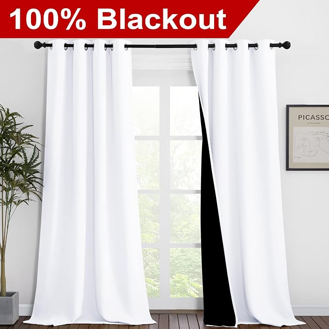 NICETOWN White 100% Blackout Curtains for Windows, Pack of 2, 46" W x 102" L, Super Heavy-Duty Black Lined Total Darkness Drapes for Bedroom, Privacy Assured Window Treatment for Patio | Super Heavy-Duty Black Lined Total Darkness Drapes for Patio, Pri...
