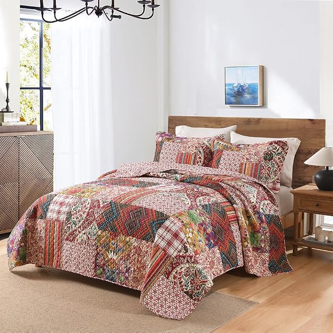 VISIMISI Cotton Bedspread Quilt Sets Reversible Bedding Coverlet Sets 3 Pieces Gorgeous Vintage Damask Red Patchwork Bedspread, King Size