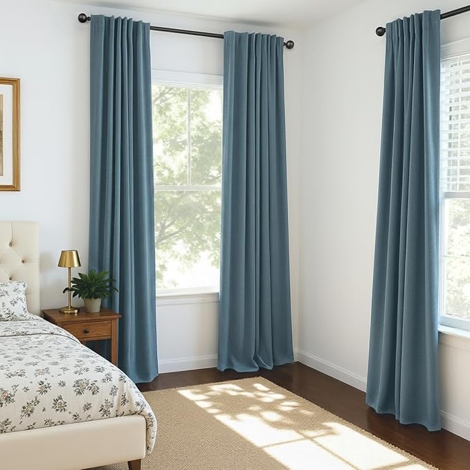 INOVADAY 100% Blackout Curtains for Bedroom Black Out Curtains 84 Inch Long | Stone Blue Living Room Curtains 2 Panels, Clip Rings Linen Look Blackout Drapes, Thermal Insulated Room Darkening,W50xL84