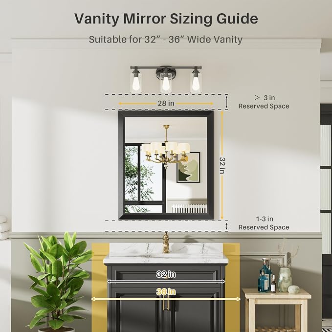 Black Metal Framed Bathroom Wall Mirror, 28x32 Inch | Anti-rust, HD tempered glass, for bathroom vanity, bedroom, living room, horizontal or vertical mount